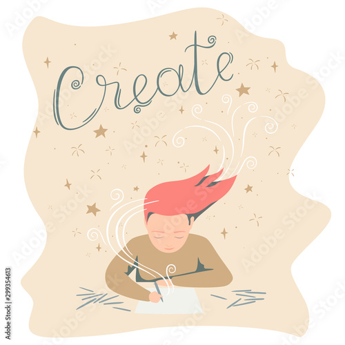Vector illustration of drawing girl with lettering Create, with stars and sparks. Isolated on white background in abstract shape. Illustrates the magic of creativity.