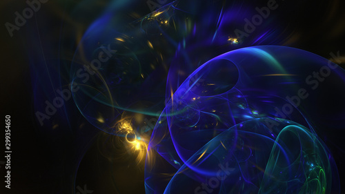 Abstract transparent gold and blue crystal shapes. Fantasy light background. Digital fractal art. 3d rendering.