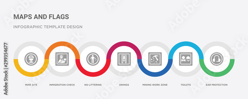 7 filled icon set with colorful infographic template included ear protection, toilets, mining work zone, swings, no littering, inmigration check point, mine site icons