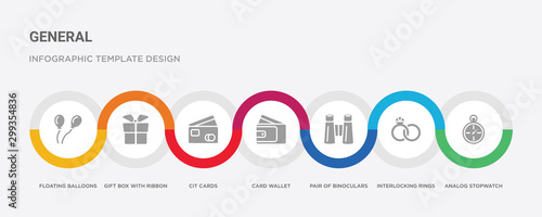 7 filled icon set with colorful infographic template included analog stopwatch, interlocking rings, pair of binoculars, card wallet, cit cards, gift box with ribbon, floating balloons icons