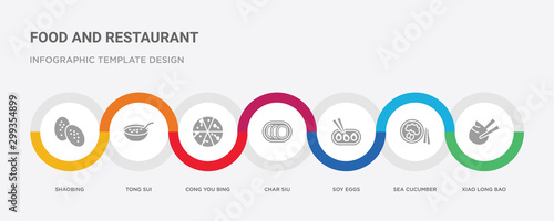 7 filled icon set with colorful infographic template included xiao long bao, sea cucumber, soy eggs, char siu, cong you bing, tong sui, shaobing icons