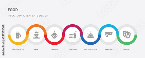 7 filled icon set with colorful infographic template included pretzel, pistachio, hot coffee cup, junk food, sippy cup, stew, hot chocolate icons