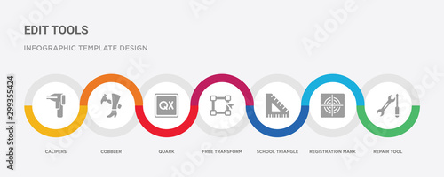 7 filled icon set with colorful infographic template included repair tool, registration mark, school triangle, free transform, quark, cobbler, calipers icons