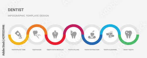 7 filled icon set with colorful infographic template included shiny tooth, tooth cleaning, tooth extraction, filling, with metallic root, toothache, toothpaste tube icons