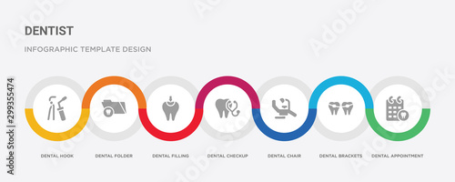 7 filled icon set with colorful infographic template included dental appointment, dental brackets, dental chair, checkup, filling, folder, hook icons