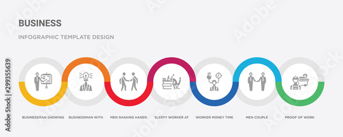 7 filled icon set with colorful infographic template included proof of work, men couple, worker money time, sleepy worker at work, men shaking hands, businessman with an idea, businessman showing a