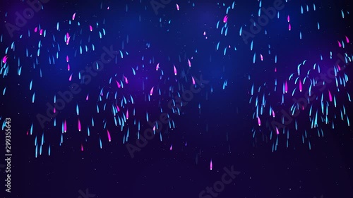 Bright fireworks in the night sky with stars. Beautiful festive sky. Colorful fireworks on a dark blue background. Animated background, seamless loop