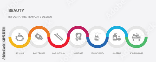 7 filled icon set with colorful infographic template included stone massage, spa tools, aromatherapy, hair styler, hair clip tool, baby powder, hot spring icons