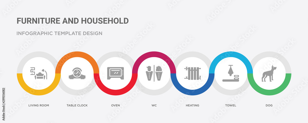 7 filled icon set with colorful infographic template included dog, towel, heating, wc, oven, table clock, living room icons 7 filled icon set with colorful infographic template included dog, towel, heating, wc, oven, table clock, living room icons