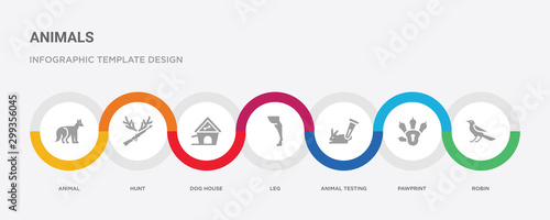 7 filled icon set with colorful infographic template included robin, pawprint, animal testing, leg, dog house, hunt, animal icons