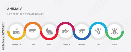 7 filled icon set with colorful infographic template included insect, paw, smilodon, coelodonta, bunny, cows, hibernation icons