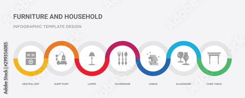 7 filled icon set with colorful infographic template included card table, glassware, linens, silverware, lamps, sump pump, heating unit icons