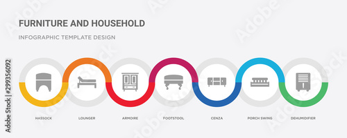 7 filled icon set with colorful infographic template included dehumidifier, porch swing, cenza, footstool, armoire, lounger, hassock icons