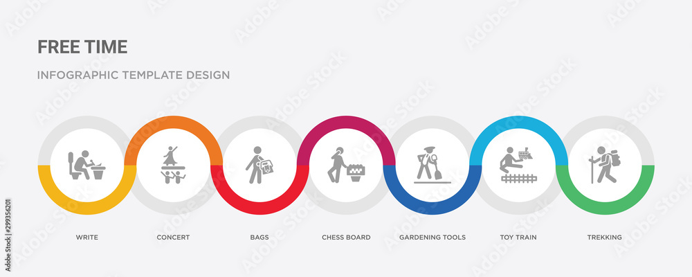 7 filled icon set with colorful infographic template included trekking, toy train, gardening tools, chess board, bags, concert, write icons 7 filled icon set with colorful infographic template included trekking, toy train, gardening tools, chess board, bags, concert, write icons