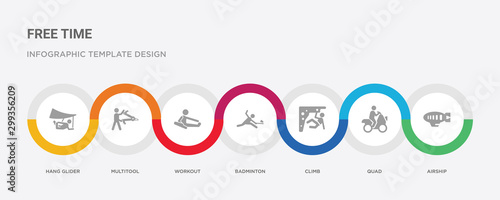 7 filled icon set with colorful infographic template included airship, quad, climb, badminton, workout, multitool, hang glider icons