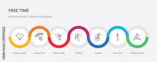 7 filled icon set with colorful infographic template included snowboarding, pogo stick, jumping, climbing, tennis racket, parachuting, baseball field icons