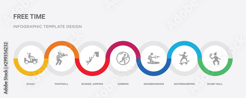 7 filled icon set with colorful infographic template included rugby ball, skateboarding, wakeboarding, zorbing, bungee jumping, paintball, buggy icons