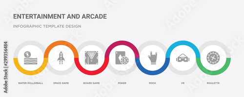 7 filled icon set with colorful infographic template included roulette, vr, rock, poker, board game, space game, water rollerball icons