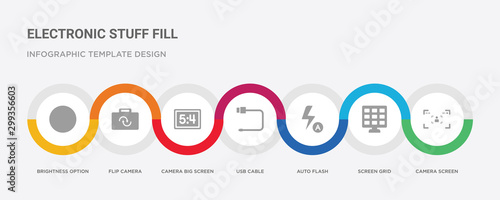 7 filled icon set with colorful infographic template included camera screen, screen grid, auto flash, usb cable, camera big screen size, flip camera, brightness option icons