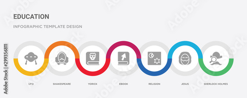 7 filled icon set with colorful infographic template included sherlock holmes, jesus, religion, ebook, yorick, shakespeare, ufo icons