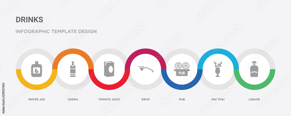 7 filled icon set with colorful infographic template included liquor, mai thai, pub, sieve, tomato juice, vodka, water jug icons 7 filled icon set with colorful infographic template included liquor, mai thai, pub, sieve, tomato juice, vodka, water jug icons