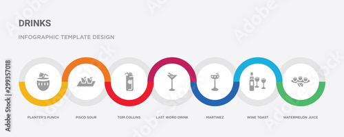 7 filled icon set with colorful infographic template included watermelon juice, wine toast, martinez, last word drink, tom collins, pisco sour, planter's punch icons