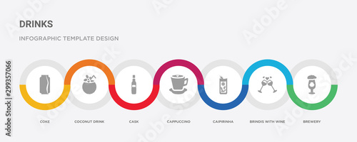 7 filled icon set with colorful infographic template included brewery, brindis with wine glasses, caipirinha, cappuccino, cask, coconut drink, coke icons