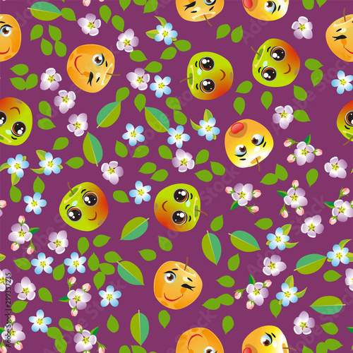 Cute seamless pattern with cartoon emoji fruits