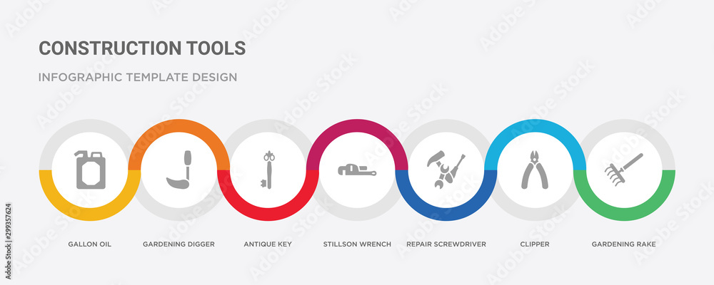 7 filled icon set with colorful infographic template included gardening rake, clipper, repair screwdriver, stillson wrench, antique key, gardening digger, gallon oil icons