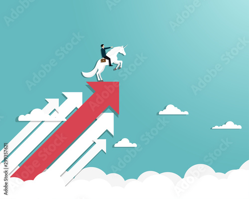 Businessman riding a unicorn on arrow