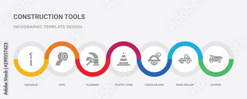 7 filled icon set with colorful infographic template included dumper, road roller, circular saw, traffic cone, plumbing, tape, crowbar icons