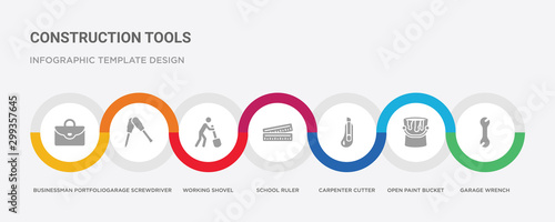 7 filled icon set with colorful infographic template included garage wrench, open paint bucket, carpenter cutter, school ruler, working shovel, garage screwdriver, businessman portfolio icons