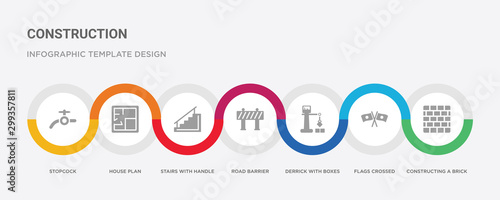 7 filled icon set with colorful infographic template included constructing a brick wall, flags crossed, derrick with boxes, road barrier, stairs with handle, house plan, stopcock icons