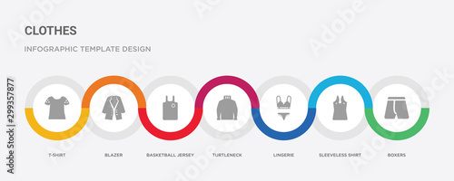 7 filled icon set with colorful infographic template included boxers, sleeveless shirt, lingerie, turtleneck, basketball jersey, blazer, t-shirt icons