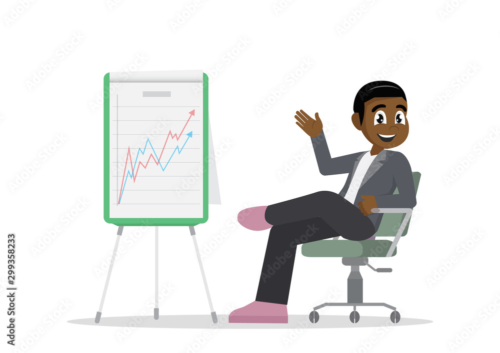 Cartoon character, African Businessman relaxing in his chair with growing graph. Cartoon character, African Businessman relaxing in his chair with growing graph.