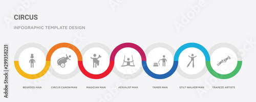 7 filled icon set with colorful infographic template included trapeze artists man, stilt walker man, tamer man, aerialist magician circus canon bearded icons