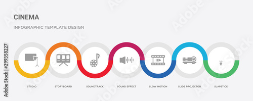 7 filled icon set with colorful infographic template included slapstick, slide projector, slow motion, sound effect, soundtrack, storyboard, studio icons
