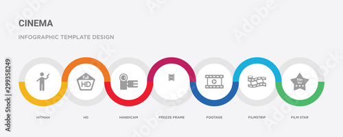 7 filled icon set with colorful infographic template included film star, filmstrip, footage, freeze frame, handicam, hd, hitman icons