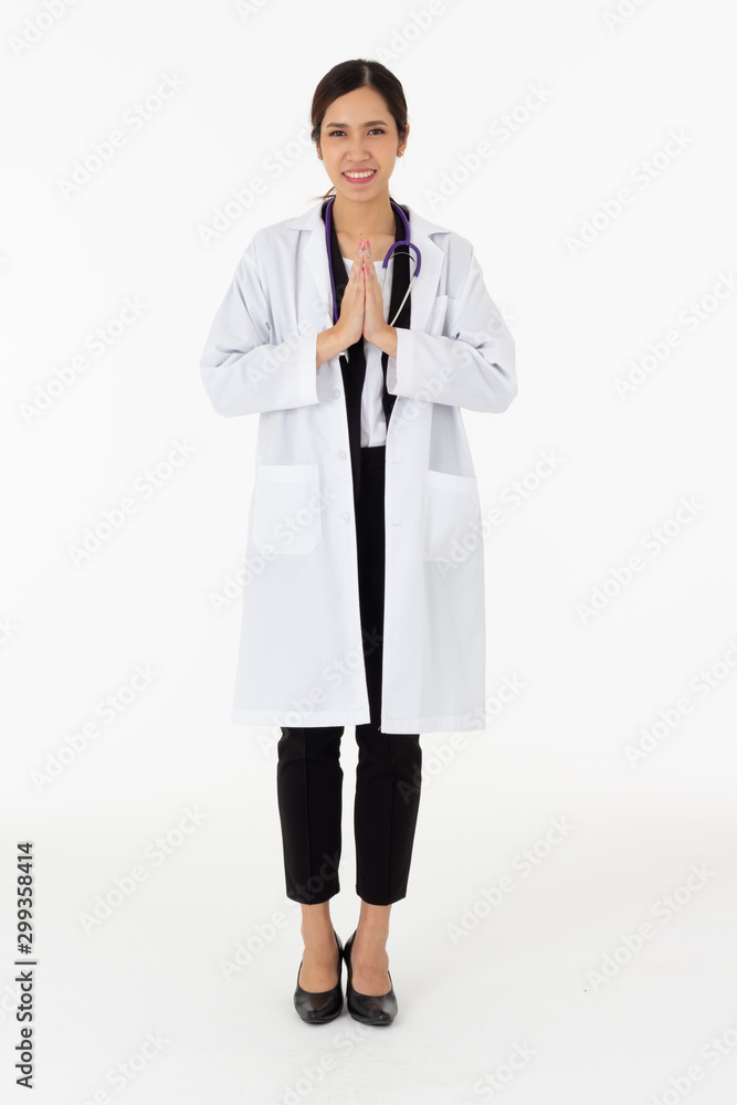 Portrait of asian an attractive young female doctor in white coat about medical or science health care concept on white background Portrait of asian an attractive young female doctor in white coat about medical or science health care concept on white background