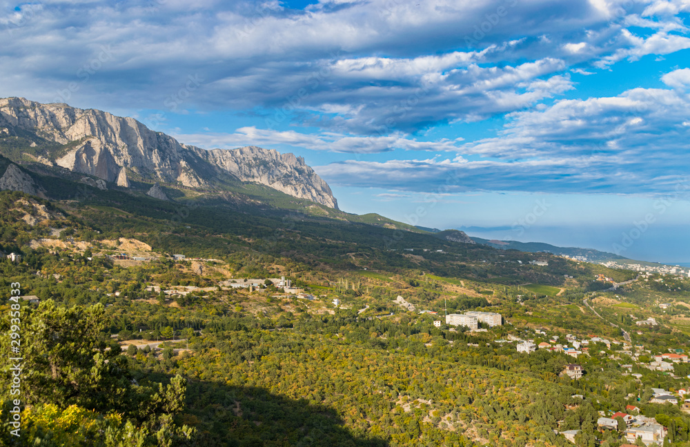 Scenic view of Crimean mountains and mount Ai-Petri over the Black Sea
