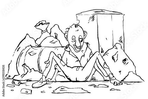 Drunk homeless man sitting in the trash. Cartoon character. Vector illustration
