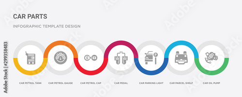 7 filled icon set with colorful infographic template included car oil pump, car parcel shelf, car parking light, pedal, petrol cap, petrol gauge, petrol tank icons