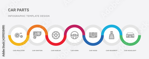 7 filled icon set with colorful infographic template included car headlight, car headrest, car hood, horn, hubcap, ignition, indicator icons