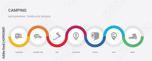 7 filled icon set with colorful infographic template included boot, map, tissue, location, axe, camper van, caravan icons