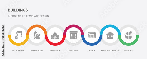 7 filled icon set with colorful infographic template included branches, house black without door, agency, appartment, renovation, burning house, lifter machine icons