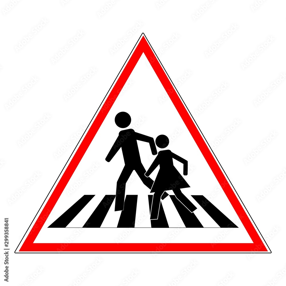 Crosswalk sign black in red triangle. Icon a pedestrian place for child near school. Symbol safety traffic human on road. Label for banner about crossing way. Design element. Vector illustration. Crosswalk sign black in red triangle. Icon a pedestrian place for child near school. Symbol safety traffic human on road. Label for banner about crossing way. Design element. Vector illustration.