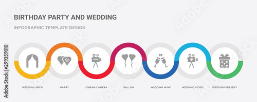 7 filled icon set with colorful infographic template included wedding present, wedding video, wedding wine, ballon, cinema camera, marry, arch icons