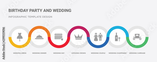 7 filled icon set with colorful infographic template included wedding carriage, wedding champagne, wedding couple, crown, day, dinner, dress icons