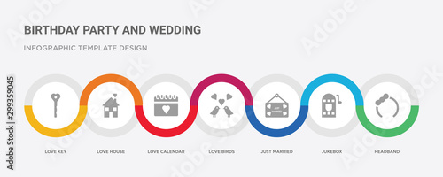 7 filled icon set with colorful infographic template included headband, jukebox, just married, love birds, love calendar, love house, key icons