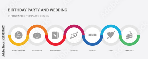 7 filled icon set with colorful infographic template included cake slice, cupid, garter, genders, guests book, halloween, happy birthday icons